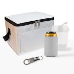 A white cooler bag, a drink bottle, a can in a sleeve, and a bottle opener. The bag features a zipper and a handle.