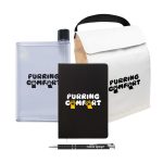 A drink bottle, a black notebook, a pen, and a cooler bag, all featuring the logo "PURRING COMFORT."