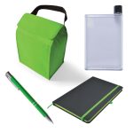 A green cooler bag, a clear drink bottle, a silver and green pen, and a black notebook with a green elastic band.