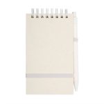 A notepad with a white pen attached, featuring a spiral binding and an elastic band for closure.