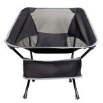 A black Marlin Folding Chair featuring a mesh back and a sturdy frame, with a pocket at the bottom.