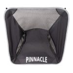 A black folding chair with a mesh back, featuring a white logo. The chair has a simple, modern design.