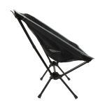A lightweight folding chair in black with grey accents, featuring a mesh back and a sturdy frame.