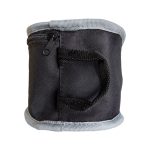 A black, cylindrical bag with a grey trim and a zipper, featuring a small handle on the side.