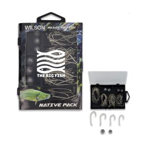 A fishing tackle kit in a black box containing hooks and weights, featuring a logo and a fish design.