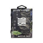 A fishing tackle kit in a black and clear case, containing various fishing hooks and weights, with a logo on the front.