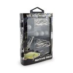 A fishing tackle kit in a black case with various hooks and weights, featuring a logo on the top.