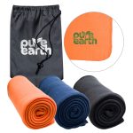 Three rolled-up polar blankets in orange, navy, and black, with a grey storage bag featuring a logo.