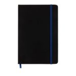 A black notebook with a blue elastic band closure, featuring a matching blue ribbon bookmark.