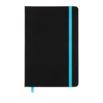 A black notebook with a turquoise elastic band and matching ribbon bookmark. It features a smooth, matte finish.