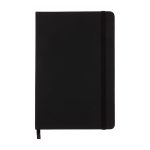 A black notebook with an elastic closure and a bookmark ribbon, featuring a smooth cover and a logo.