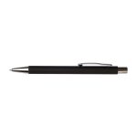 A black pen with a silver clip and tip, featuring a sleek and minimalist design.