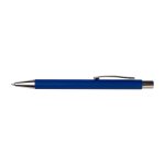 A blue pen with a silver clip and tip, featuring a smooth writing point and a sleek design.