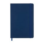 A navy blue notebook with a matching elastic band closure and a ribbon marker. It features a smooth surface and no visible branding.