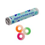A cylinder container with a logo design and three gummy rings in orange, green, and pink.