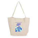 A beige tote bag featuring a logo and geometric designs in blue and teal.