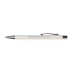 A white pen with a silver clip and tip, featuring a logo on the barrel.