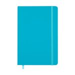 A turquoise notebook with a matching elastic band and a ribbon marker. It features a smooth, solid cover.
