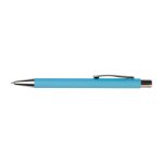 A blue pen with a silver clip and tip, featuring a smooth body design.