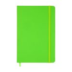 A green notebook with a ribbon closure and an elastic band, featuring a smooth cover and a bookmark.