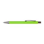 A green pen with a silver clip and a ballpoint tip, sleek and modern in design.