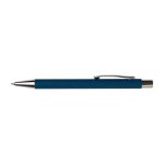 A blue pen with a silver clip and tip, featuring a smooth finish. It includes a branding logo.