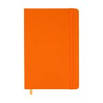 An orange notebook with a flexible cover and an elastic band closure. It features a gold ribbon bookmark.