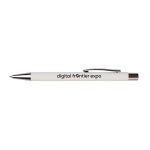 A white pen with a silver clip and branding on the barrel.