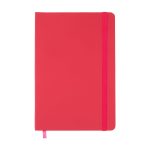 A bright pink notebook with a matching elastic band and a ribbon bookmark. It has a smooth cover and a logo.