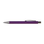 A purple pen with a silver clip and a shiny tip. It has a smooth grip and a sleek design.