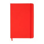 A red notebook with an elastic band closure and a ribbon marker. It features a solid cover and has no visible branding.