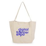 A beige tote bag with a blue logo featuring the text "digital frontier expo" on the front.
