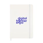 A white notebook featuring a blue logo, with a elastic band closure and a ribbon bookmark.