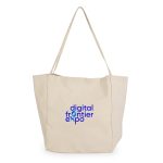 A beige tote bag featuring a logo. The bag has long handles for easy carrying.