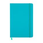 A turquoise notebook with a matching elastic band and ribbon marker, featuring a plain cover and no visible branding.