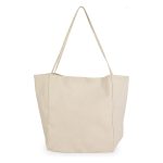 A beige tote bag with long handles and a spacious, open design. It features a simple shape and has a logo.