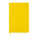 A yellow notebook with a smooth cover and an elastic closure. It features a ribbon bookmark.