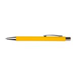 A yellow pen with a silver clip and a sleek design, featuring a branding logo.