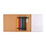 A pencil drawing set featuring twelve colored pencils in vibrant hues, a sharpener, and a blank sketchpad in a brown case.