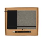 A gift set featuring a grey and black notebook and a black pen, packaged in a simple cardboard box.