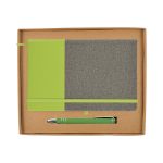 A notebook with a gray and green design and a matching green pen, presented in a cardboard gift box.