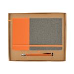 An orange and gray notebook with an elastic band and a matching orange pen inside a cardboard gift box.