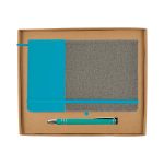 A notebook with a gray cover and teal accent, accompanied by a matching teal pen, presented in a kraft paper gift box.