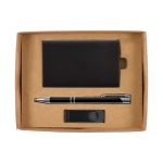 A gift set featuring a black wallet, a silver pen, and a USB flash drive, all presented in a cardboard box.