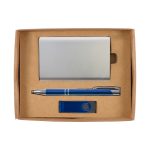 A blue pen, silver cardholder, and blue USB flash drive in a cardboard gift set.