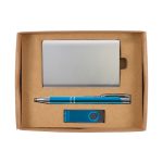 A gift set containing a metallic cardholder, a blue pen, and a blue USB flash drive, all presented in a cardboard box.