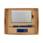 A gift set containing a sleek silver cardholder, a blue pen, and a blue USB drive, all presented in a cardboard box.