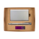 A silver cardholder, silver pen, and a purple USB drive arranged in a cardboard gift box.