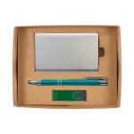 A green pen, silver cardholder, and green USB flash drive arranged in a cardboard gift box.