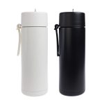A set of two insulated tumblers, one in white and one in black, featuring flip-top lids and carrying straps.